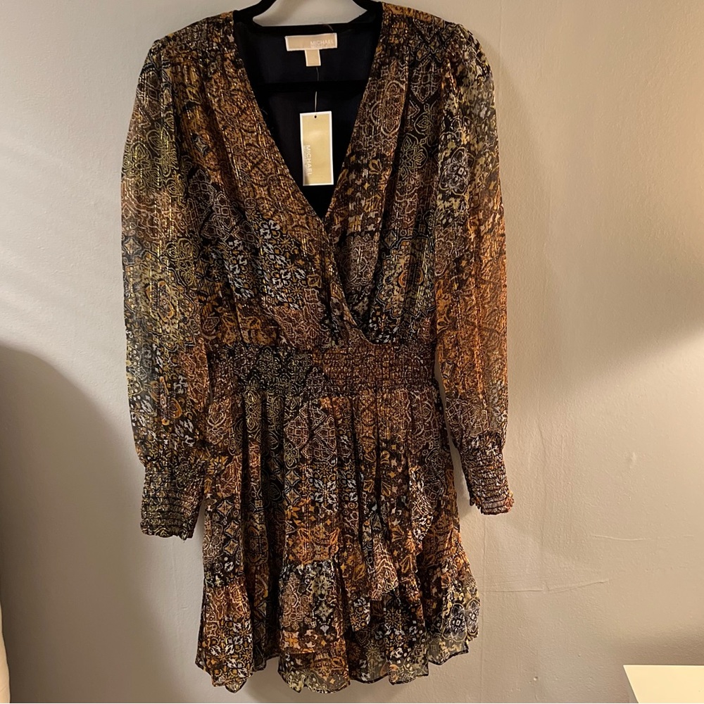 Michae Kors Brown Black Paisley Long-Sleeve Mini Dress